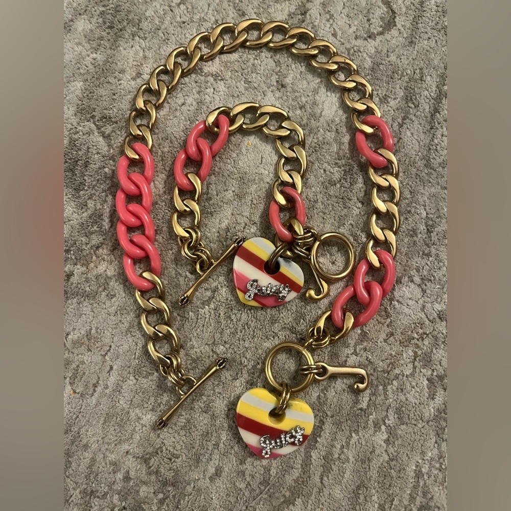 Juicy Couture Pink/Gold Charm Bracelet and Necklace Set
